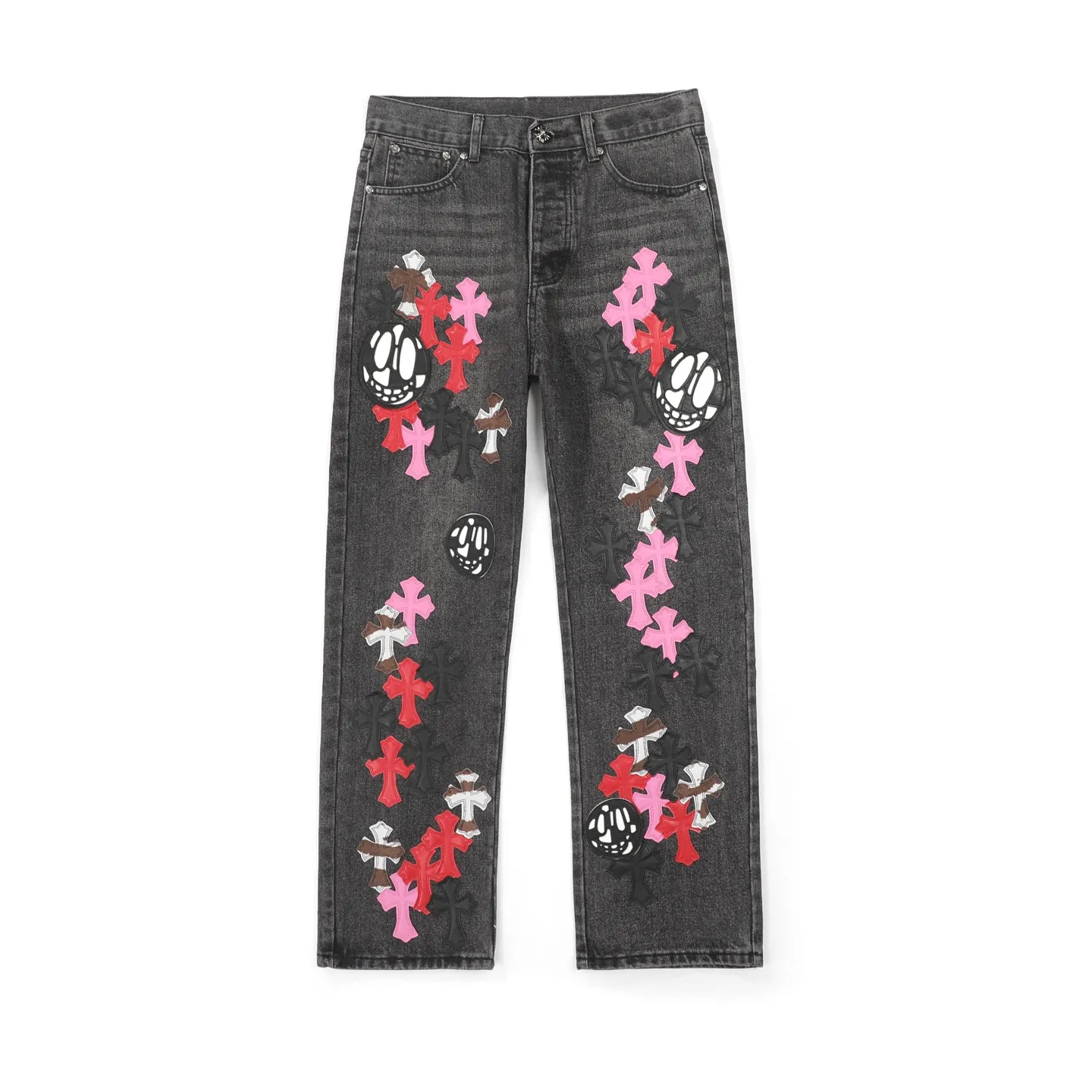 P300 Chrome Hearts CH Chrome Hearts three-color patchwork leather grimace element rapper Nomi's same style cross jeans, truly restores the ultimate vintage texture (no original standard flat version) Italian special cowhide print and then cut, custom-made sheepskin three-layer thick line leather, the whole body is spliced in heavy water washing process, craftsmen hand-splash ink, you can see the details, three-dimensional cutting version, loose and comfortable, not picky about the figure, tall and slim, factory Seiko, original factory quality control, same style for men and women Can be matched with couples. Versatile recommendation. Must-have jeans for all seasons. Color: black Size: S-XL (28-36)